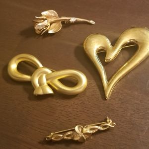 VTG Lot of 4 Gold Coated Brooches- heart, rose,